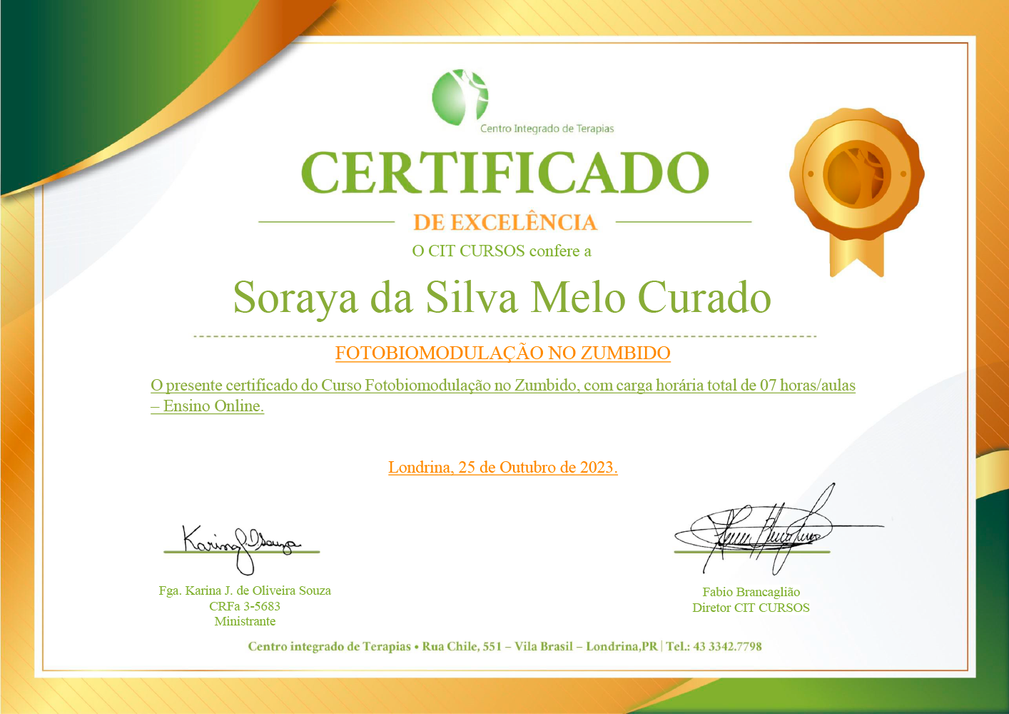 Certificado Fotobiomodulação no zumbido Fga Karina